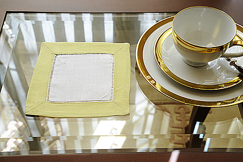 White Hemstitch Cocktail Napkin with Mellow Green Trims